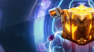 Image depicting a golden loot box surrounded by lightning effects, promoting the Kometa Casino lootbox rewards with a sci-fi theme.